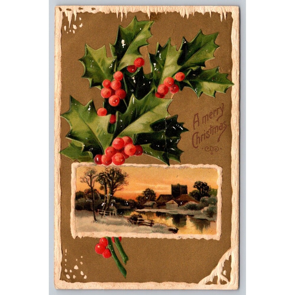 Postcard Merry Christmas Holly Cottage Embossed Posted 1910 Brooklyn New York NY